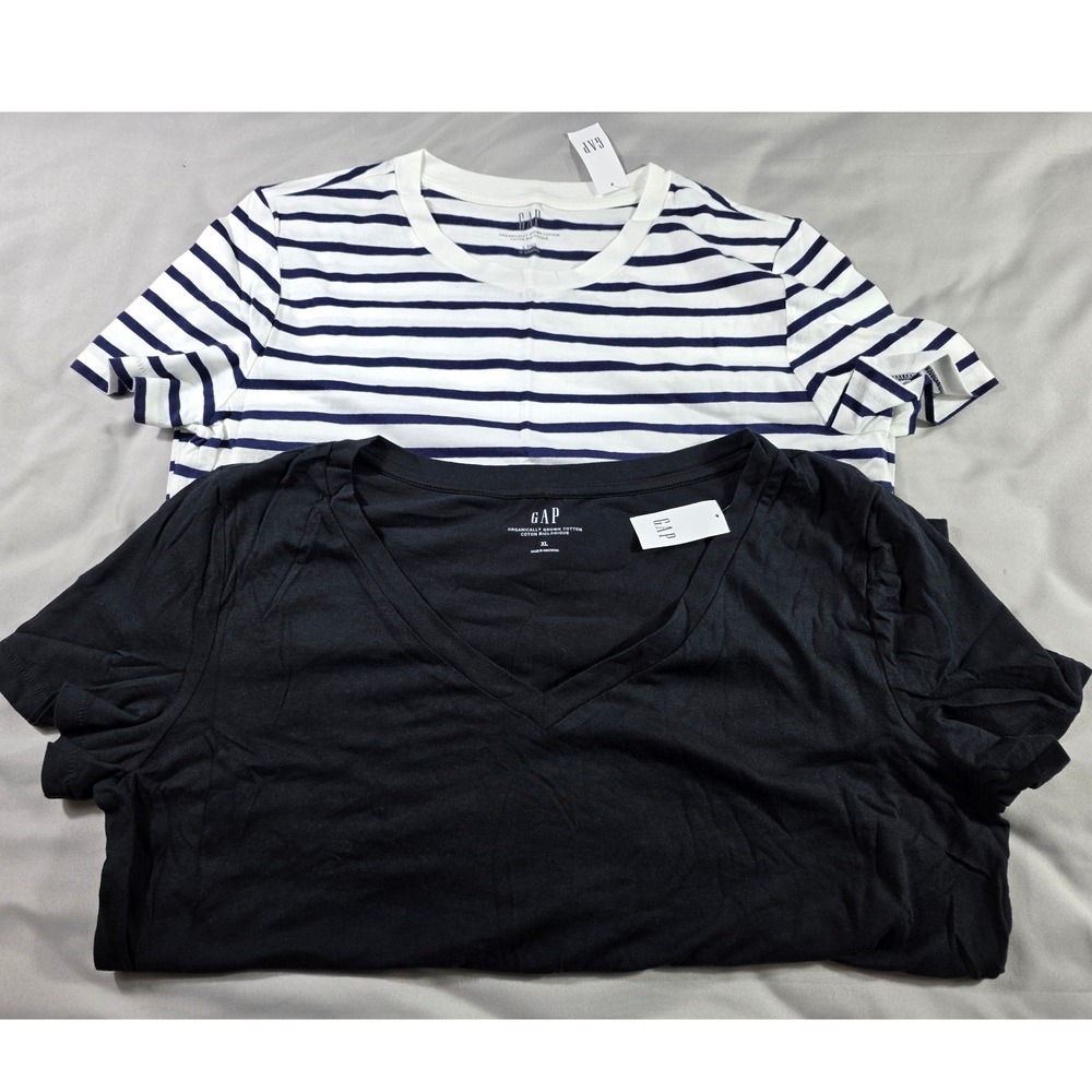 Gap T-Shirt Bundle Women L Tall Navy White Striped / XL Black Organic Cotton 2pk